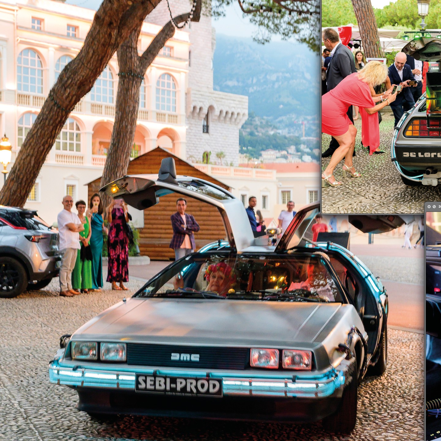 Arrivée d’une DeLorean et rencontre avec les invités lors du happening des 30 ans CATS sur le Rocher de Monaco.