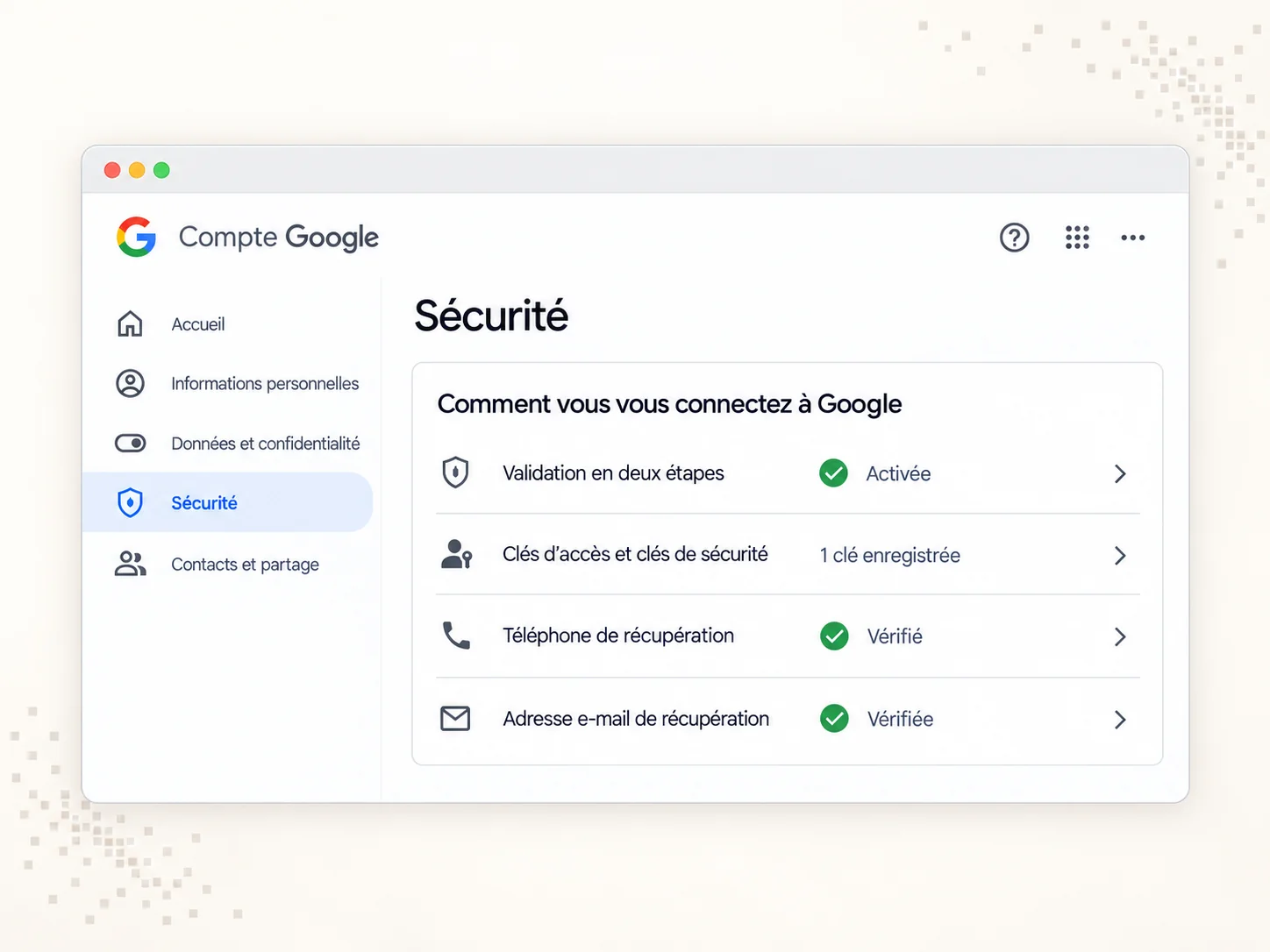 Illustration d’une interface de sécurité Google présentant la validation en deux étapes, les clés de sécurité et les coordonnées de récupération.