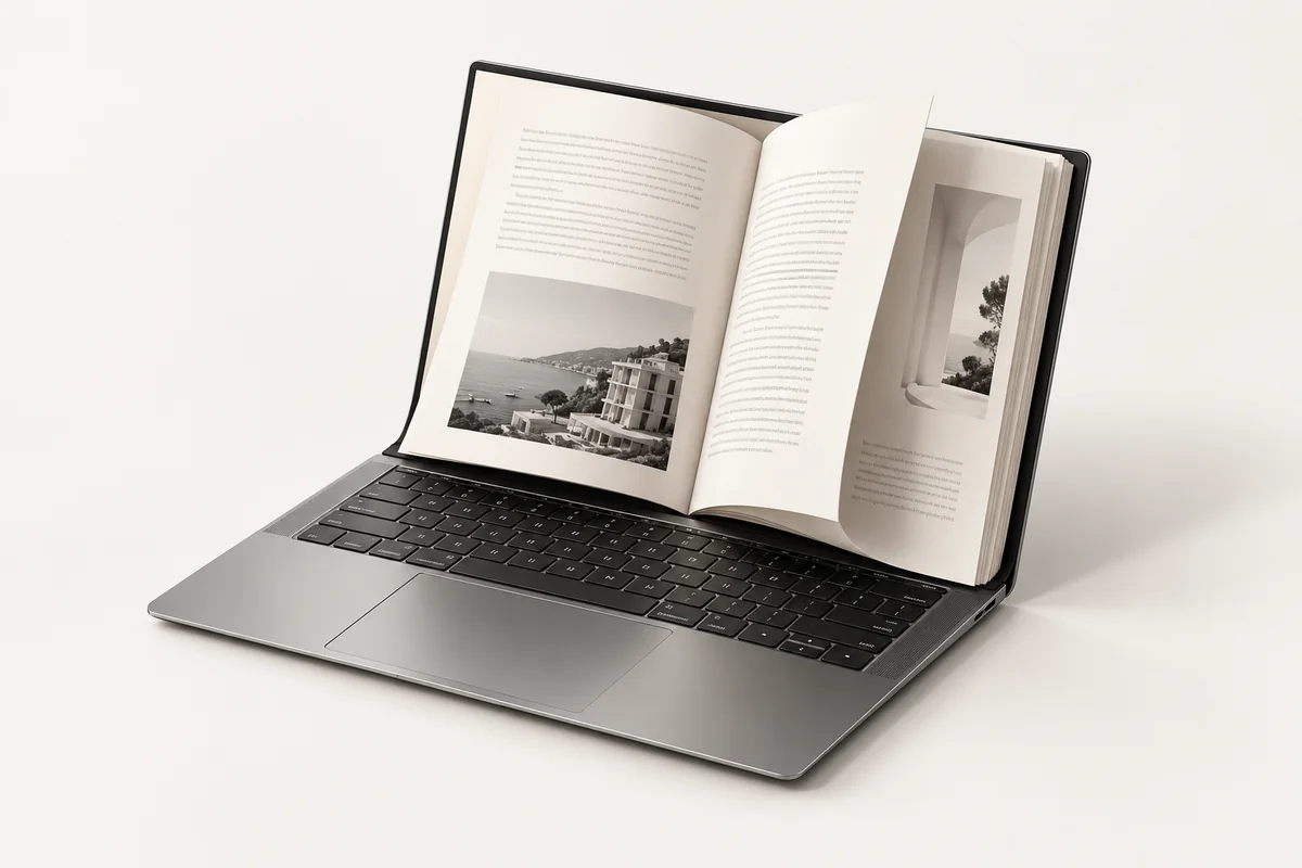 An open book within a computer, illustrating website content planning