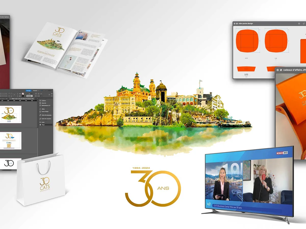 Supports de communication des 30 ans de CATS Business Center, avec une illustration de Monaco.