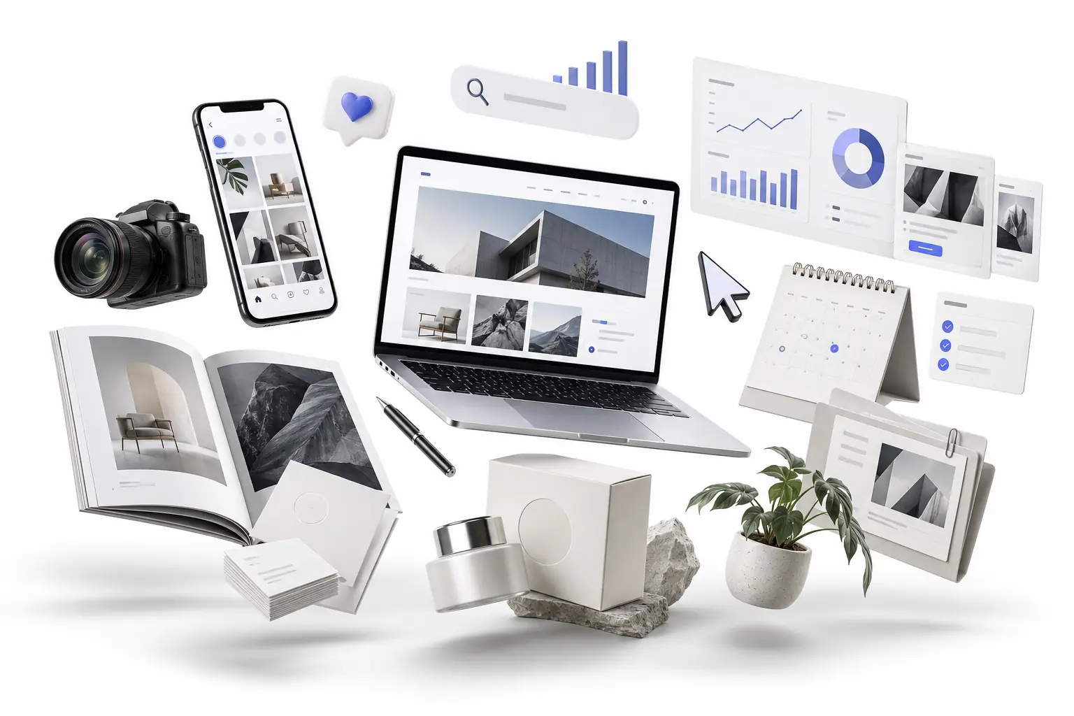 Composition illustrant les expertises Dadzcover en communication, création de sites internet et visibilité digitale à Monaco