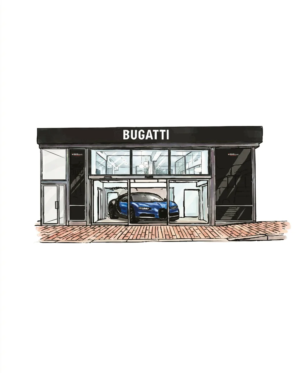 Colour illustration of the Bugatti dealership in Monaco, with a blue car in the showroom.