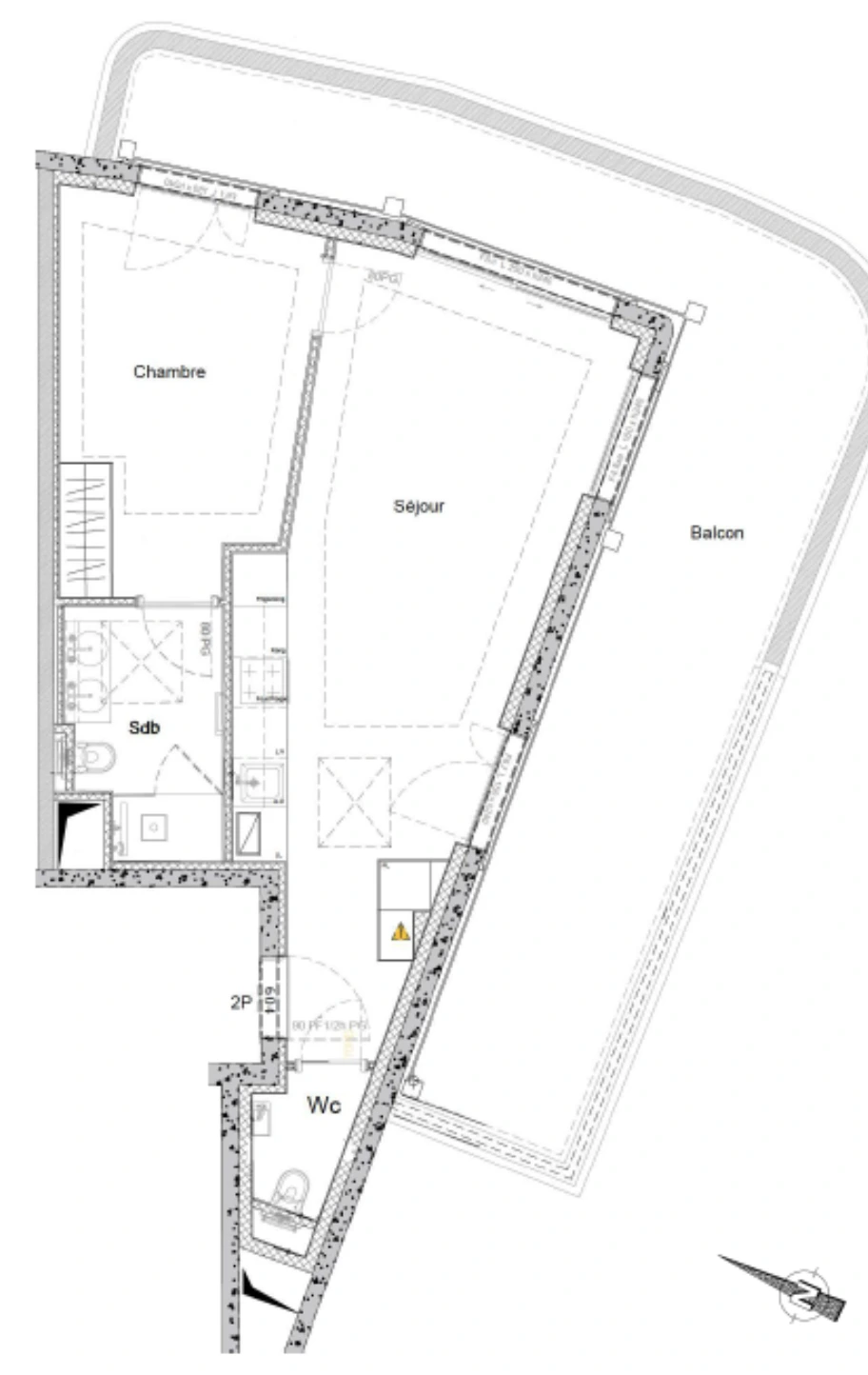 Plan d’appartement présentant une chambre, un séjour avec cuisine, une salle de bains et un balcon