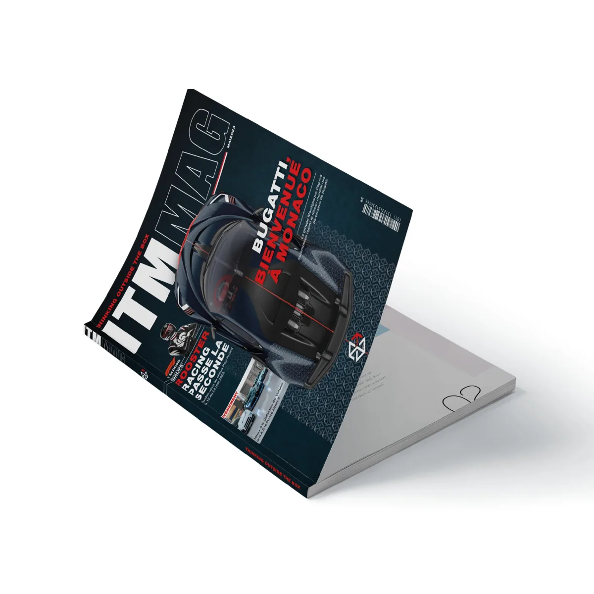 ITM MAG cover mock-up about Bugatti, devised as a desktop publishing exam in 2023.