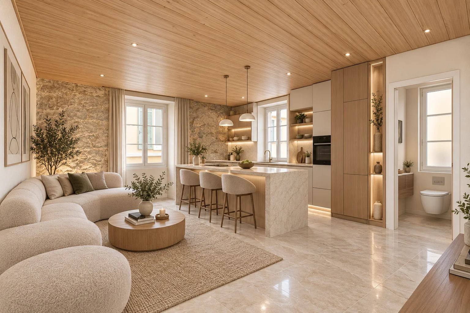 Appartement à Monaco-Ville : projection du séjour et de la cuisine