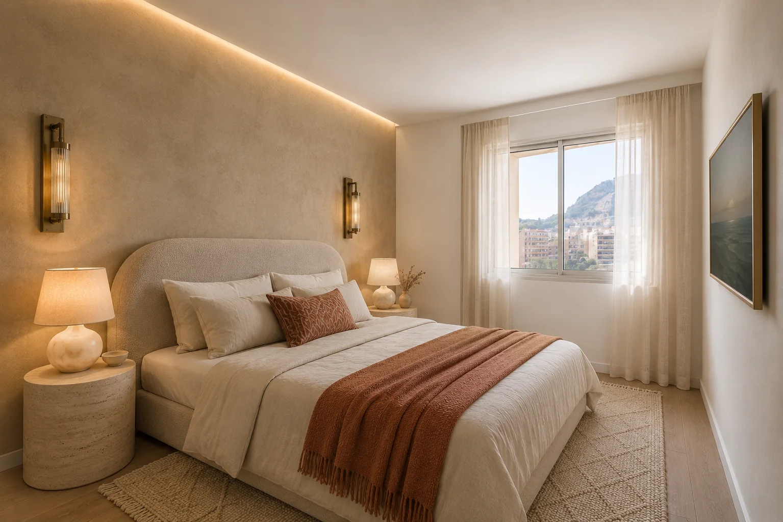 Rosa Maris à Monaco : proposition de chambre avec tête de lit arrondie, matières chaleureuses et éclairage doux