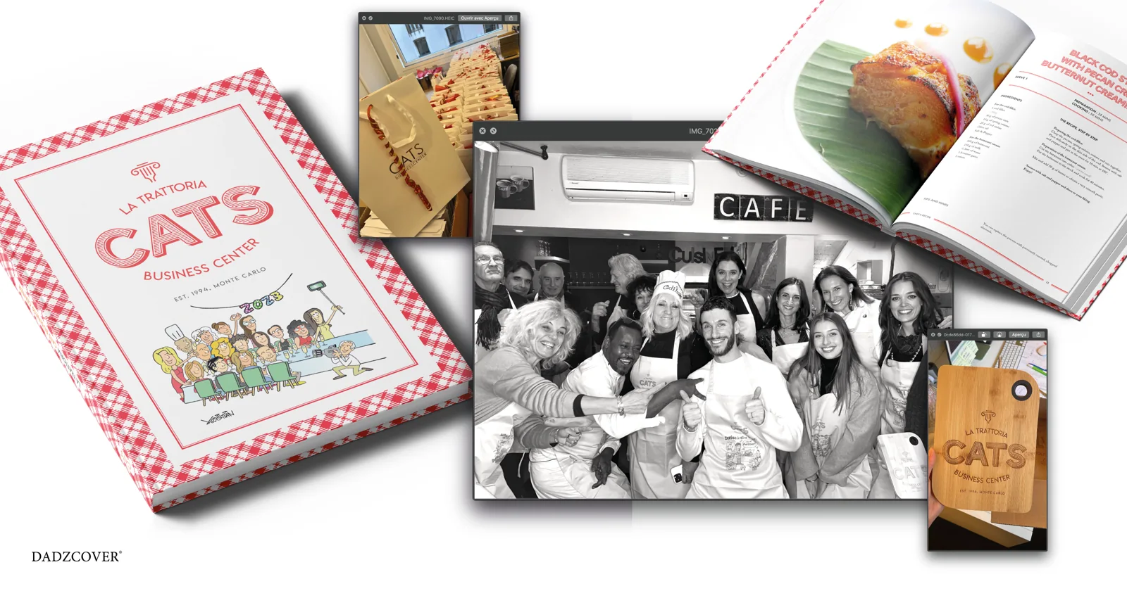 La Trattoria CATS book, team in the kitchen and personalised board