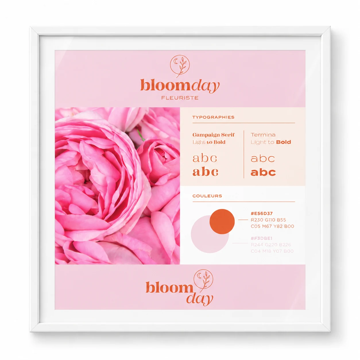Charte graphique Bloomday sous cadre blanc, avec logo floral, roses, typographies et palette rose et orange.