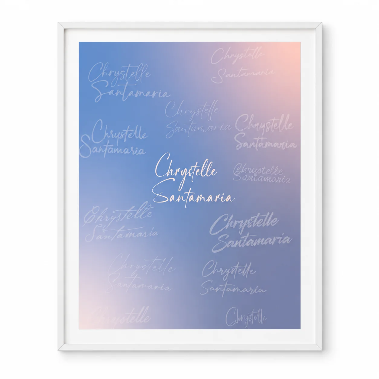 Recherches de signatures Chrystelle Santamaria sur un dégradé crépusculaire bleu, mauve et rosé, présentées de face sous cadre blanc.