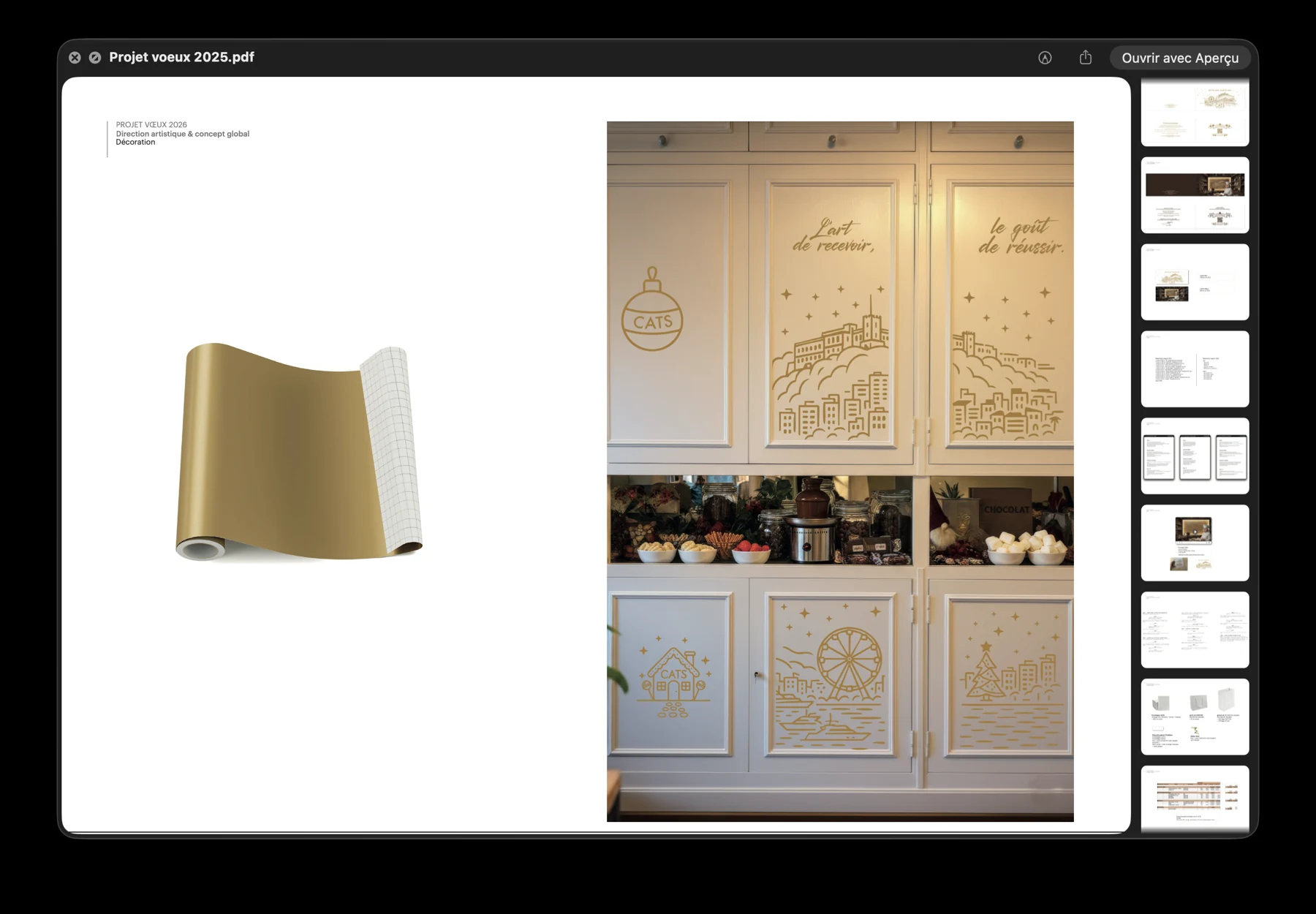 Planche d’avant-projet de la décoration CATS avec adhésif doré et simulation des illustrations sur le mobilier.