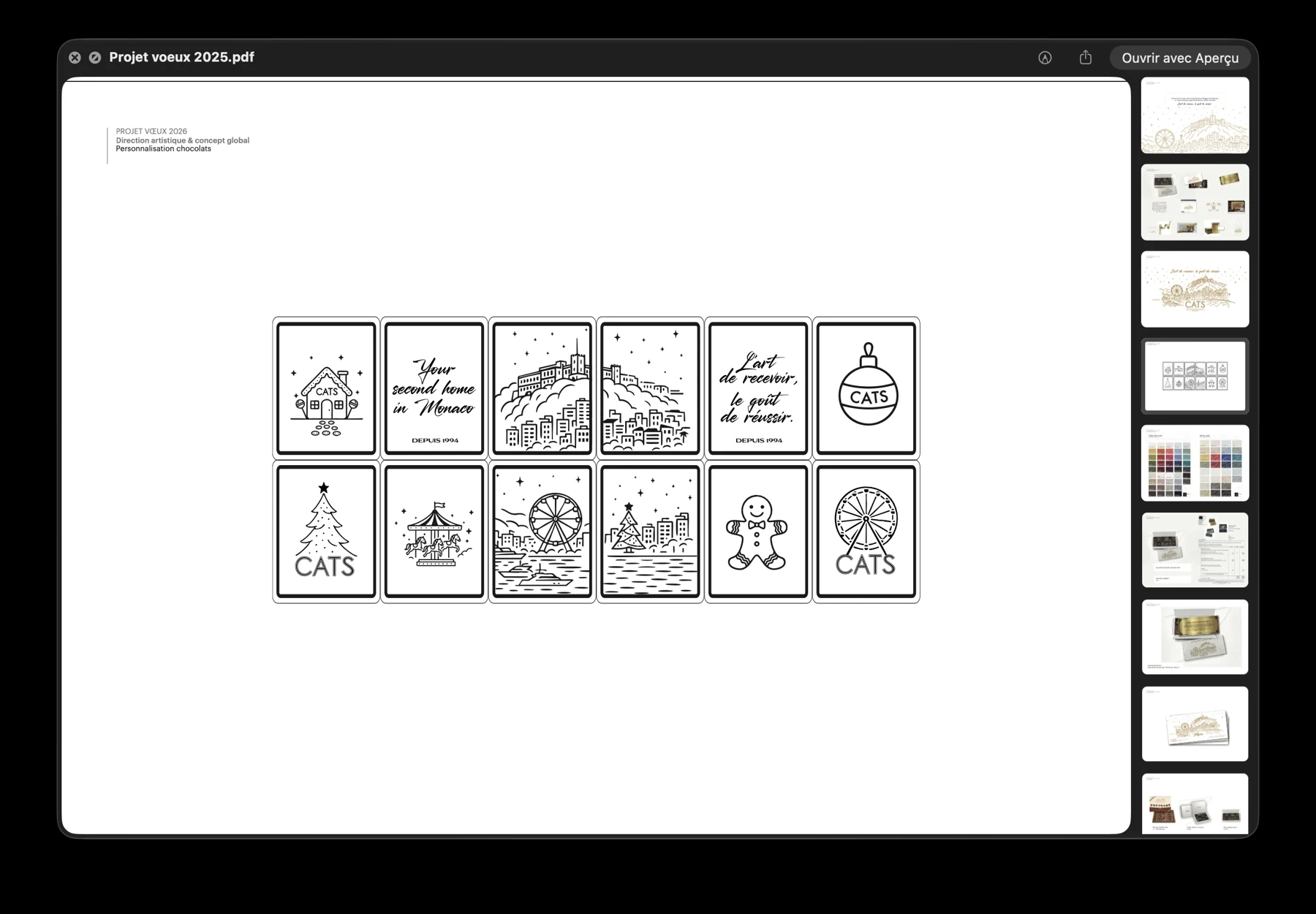 Planche d’avant-projet présentant douze dessins destinés aux chocolats personnalisés CATS.