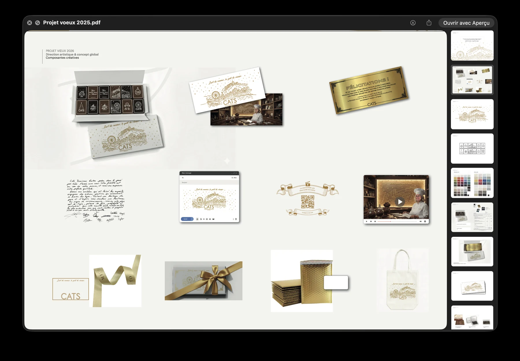 Planche de présentation au client réunissant carte de vœux CATS, chocolats, ticket doré et déclinaisons envisagées.