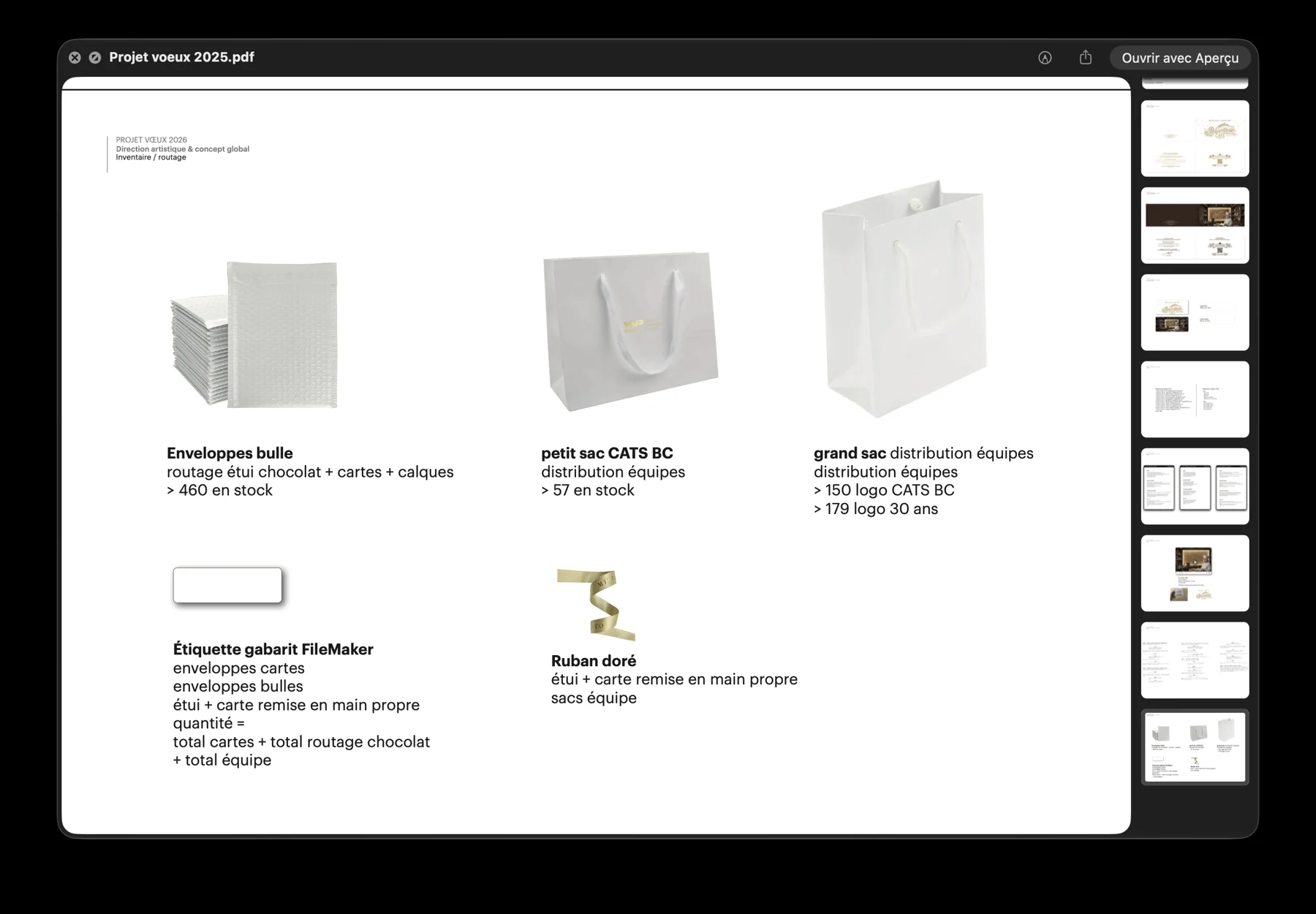 Planche de préparation logistique des vœux CATS : enveloppes, sacs, étiquettes et rubans pour la distribution.