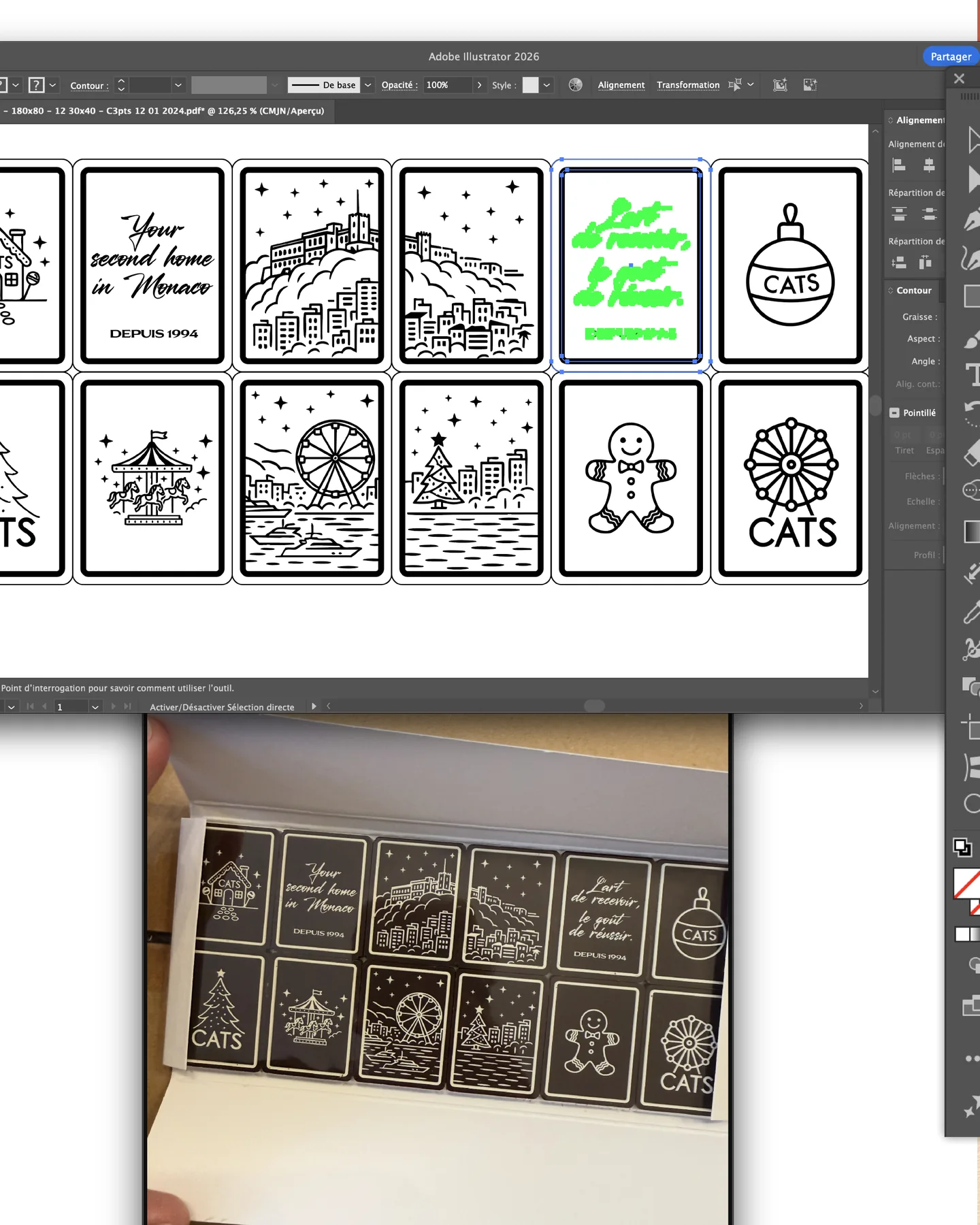 Planches de dessins pour les chocolats personnalisés CATS et boîte de chocolats portant les motifs de Monaco et de Noël.