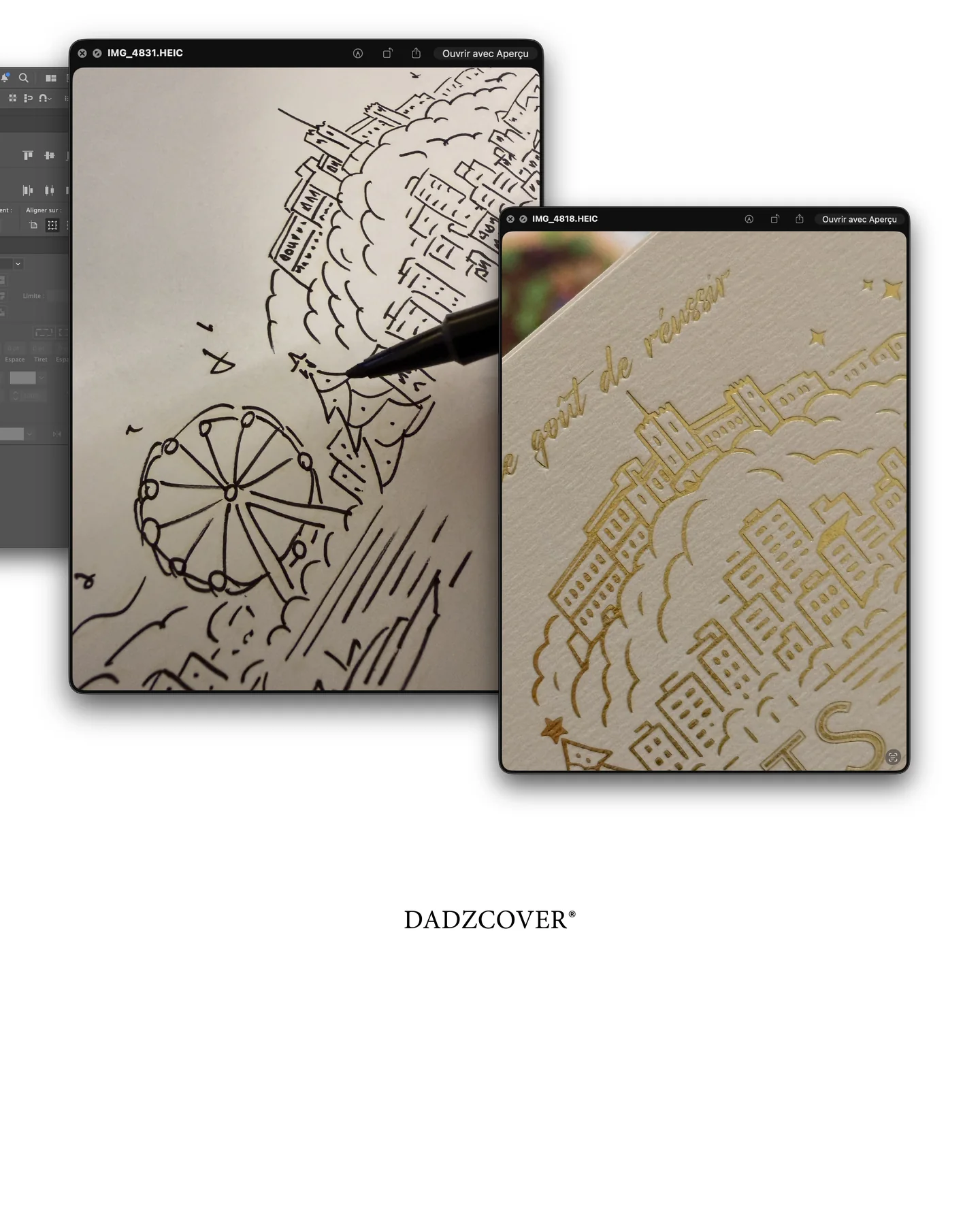 Comparaison entre le croquis de Monaco et son impression dorée sur le papier texturé de la carte de vœux CATS.