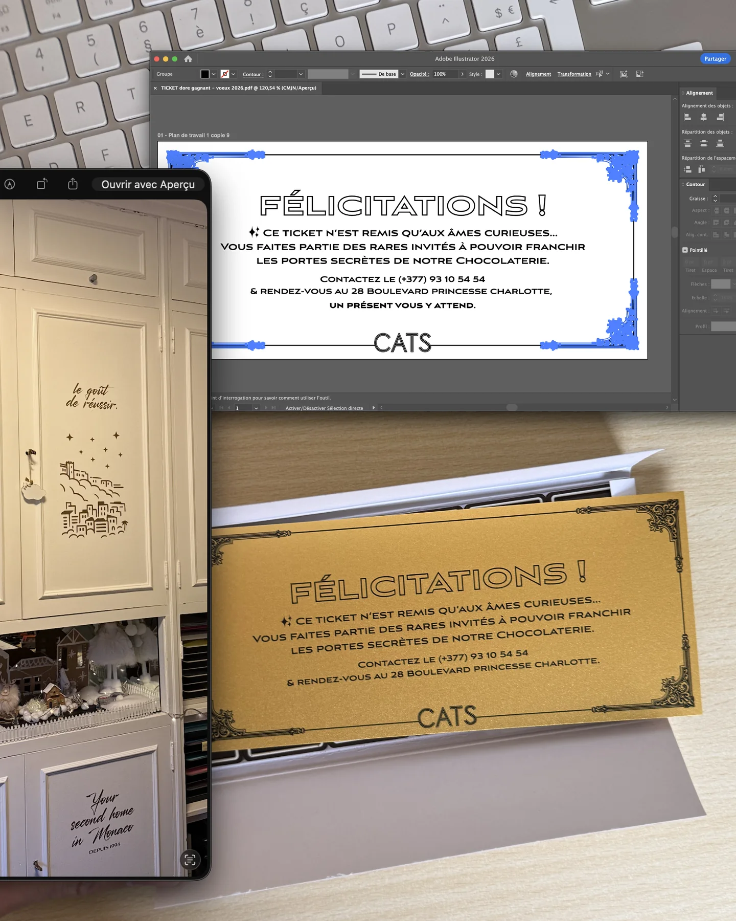 Ticket doré inséré dans un étui de chocolats CATS et décoration intérieure reprenant les illustrations de la campagne.