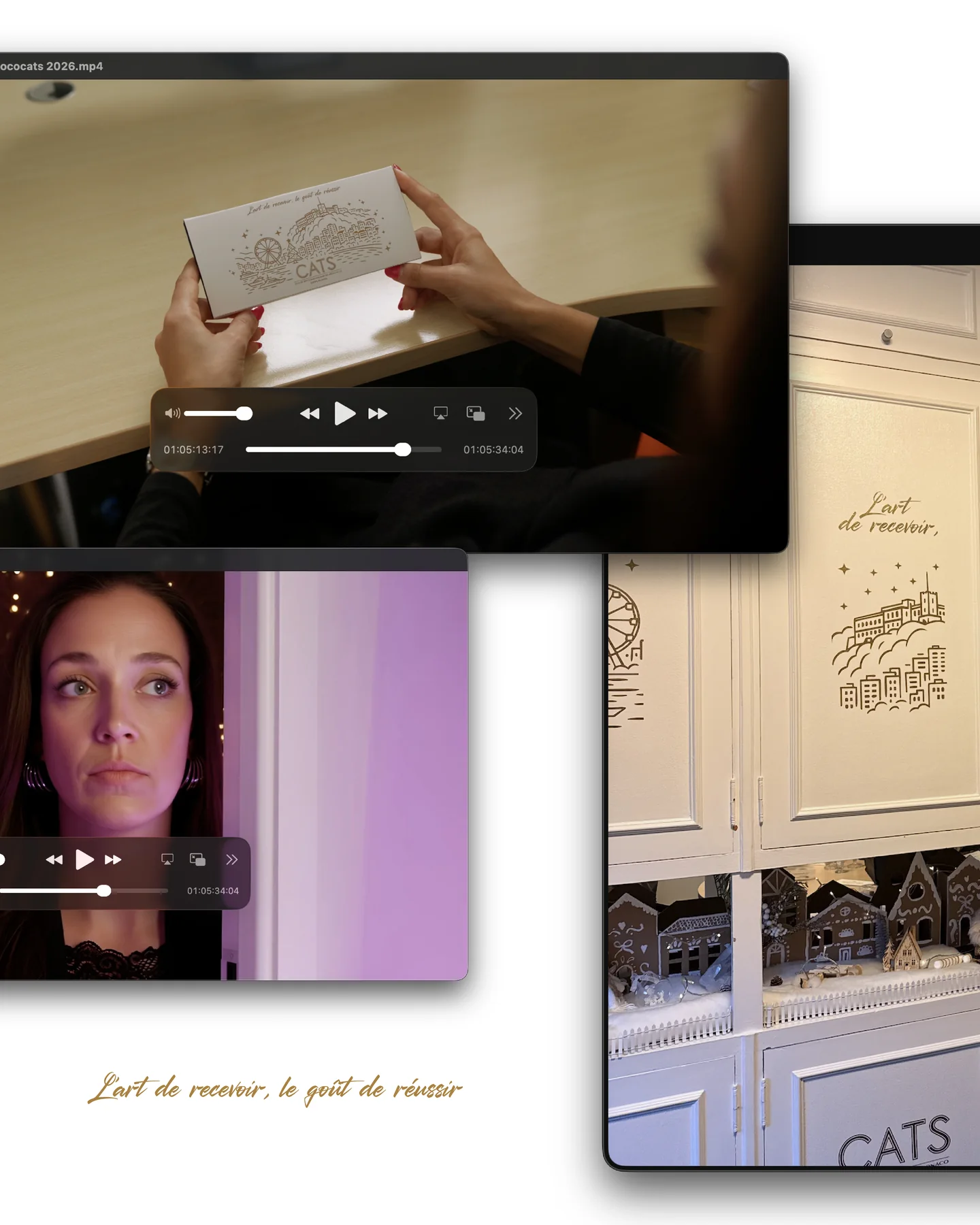 Montage présentant le tournage de la vidéo CATS, l’étui de chocolats et le décor intérieur illustré de Monaco.