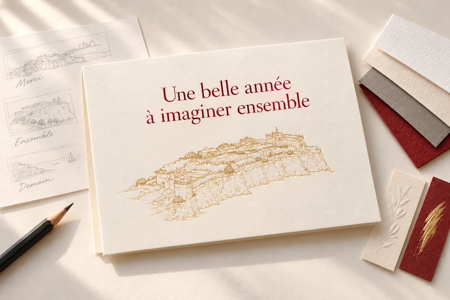 Carte de vœux illustrant Monaco, message en rouge métallisé, recherches graphiques et échantillons de papiers et de finitions.