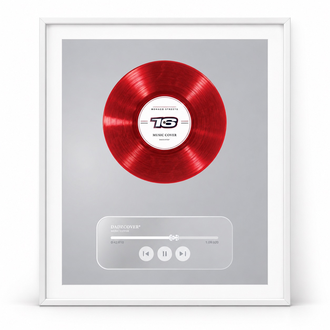 Vinyle rouge Monaco Streets et lecteur audio, présentés sous cadre blanc.