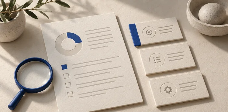 Rapport d’audit et cartes d’action illustrant un diagnostic SEO priorisé.