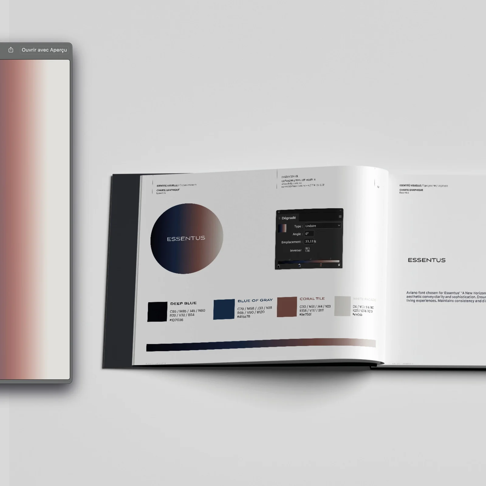 Double page de la charte Essentus présentant le logotype, les quatre couleurs et la construction du dégradé.