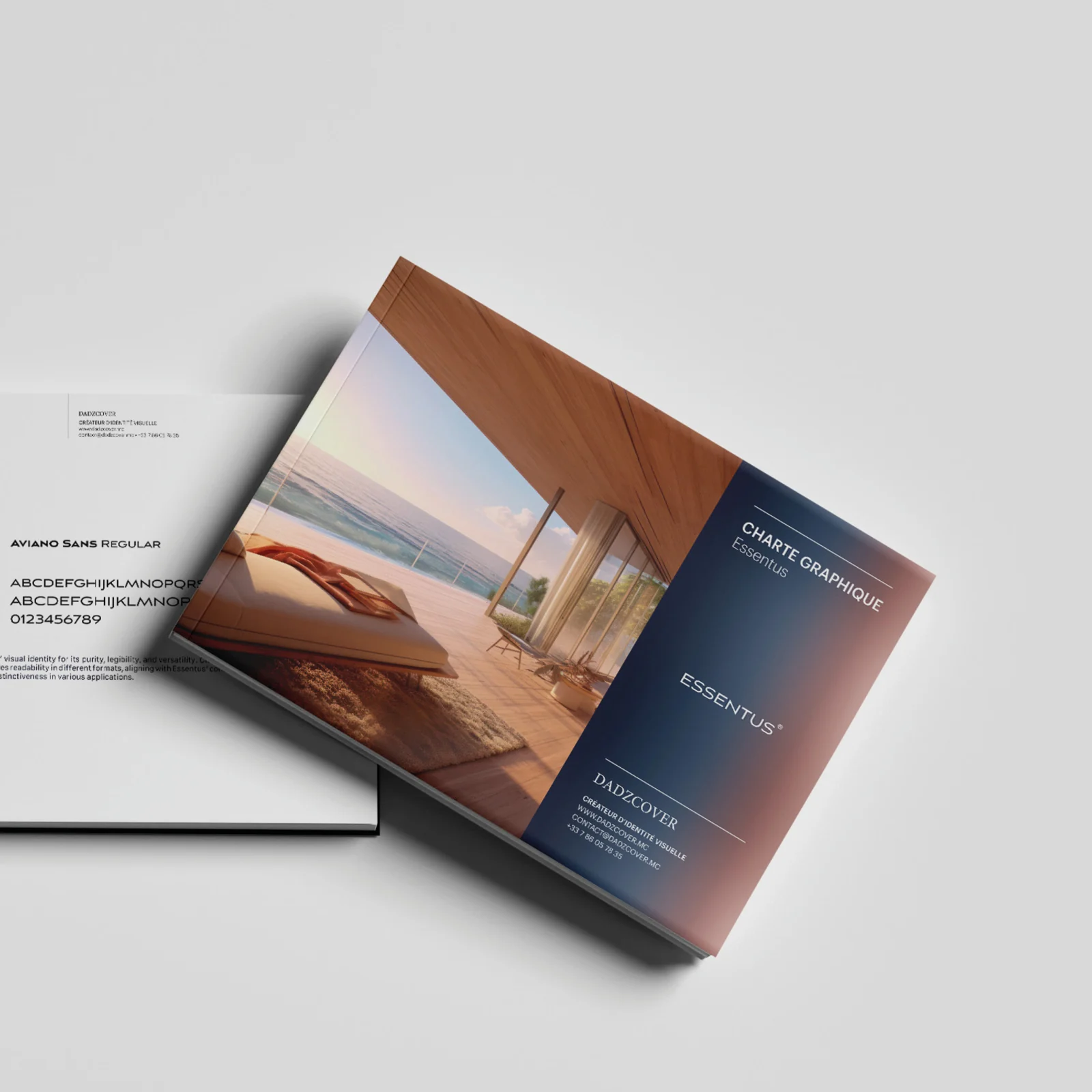 Charte graphique Essentus associant un intérieur ouvert sur la mer, le dégradé et le choix typographique Aviano Sans.