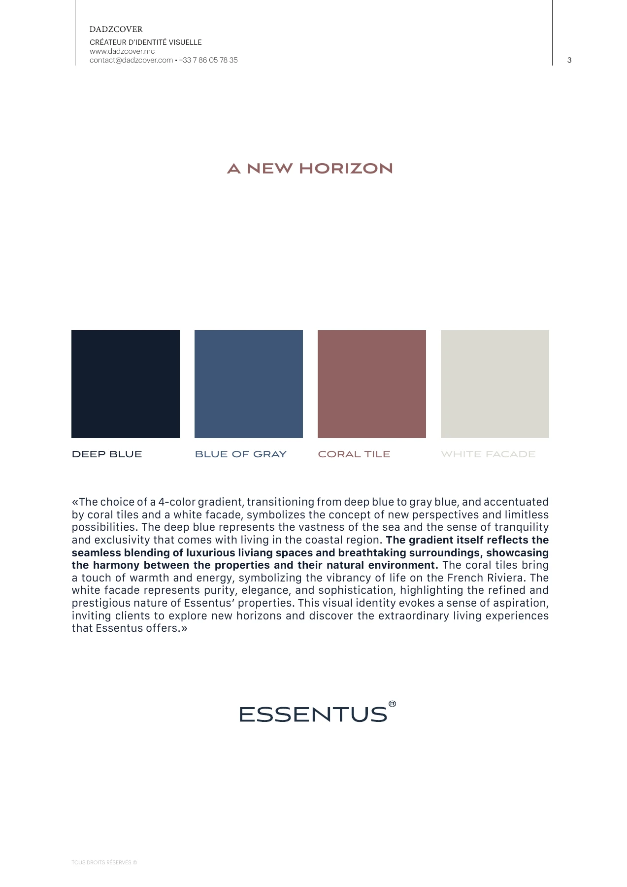 Page de la démarche créative Essentus expliquant la palette bleu profond, bleu gris, corail et blanc inspirée du littoral.