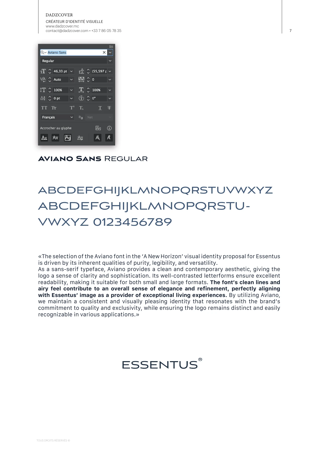 Page de la démarche créative Essentus présentant Aviano Sans Regular et les raisons du choix typographique.