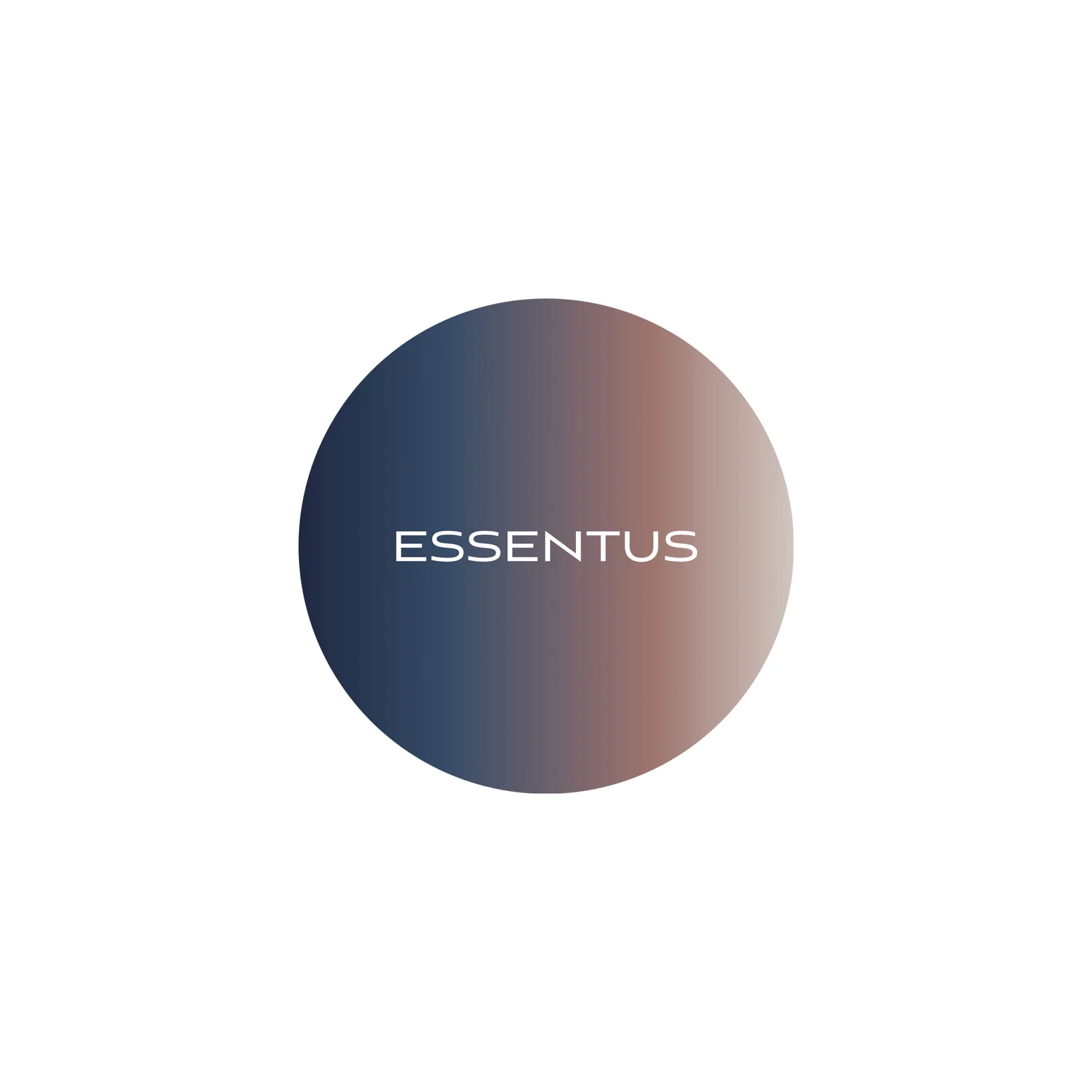 Identité visuelle Essentus : logotype blanc sur un cercle au dégradé bleu profond, bleu gris, corail et blanc.