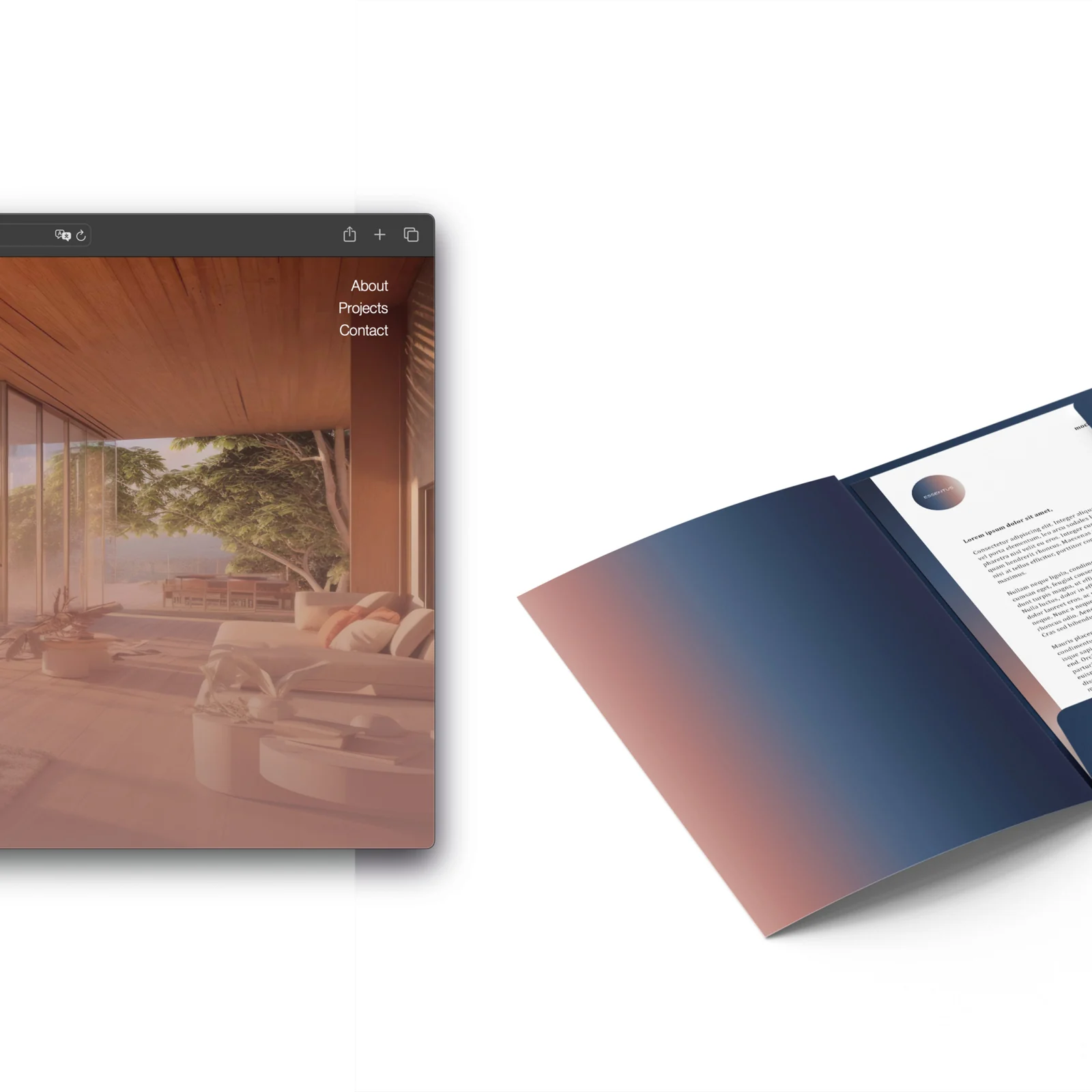Présentation du site Essentus et d’un support imprimé utilisant le même dégradé bleu et corail.