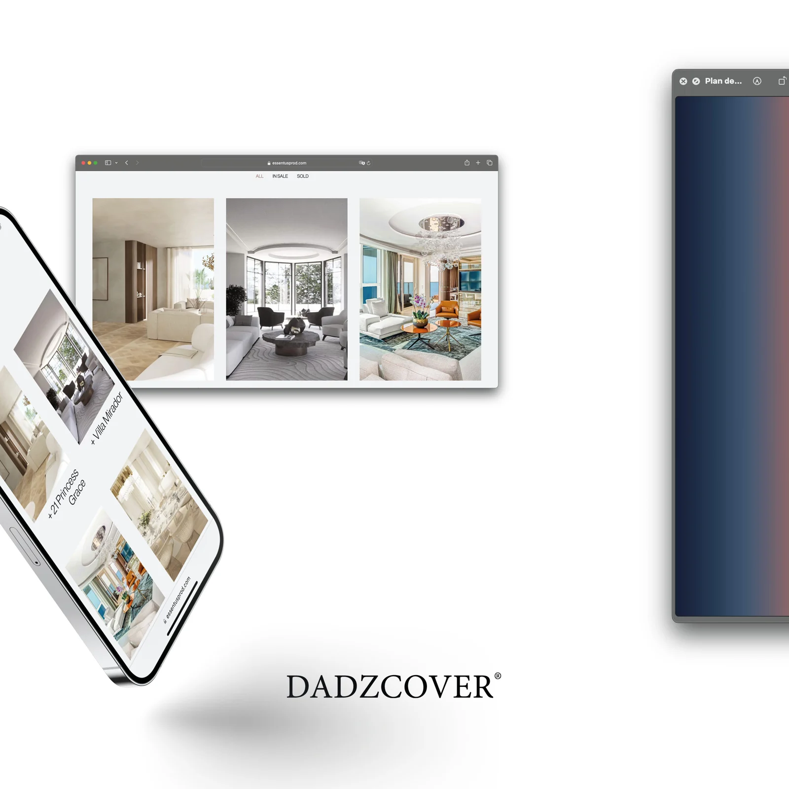 Présentation des projets immobiliers Essentus sur ordinateur et téléphone, avec des photographies d’intérieurs haut de gamme.
