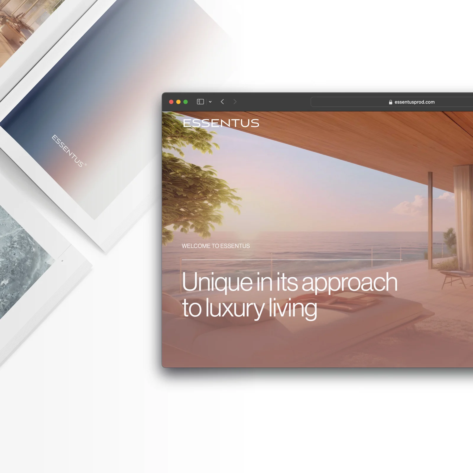 Page d’accueil du site Essentus associant une vue sur la mer, le logotype blanc et une composition typographique épurée.