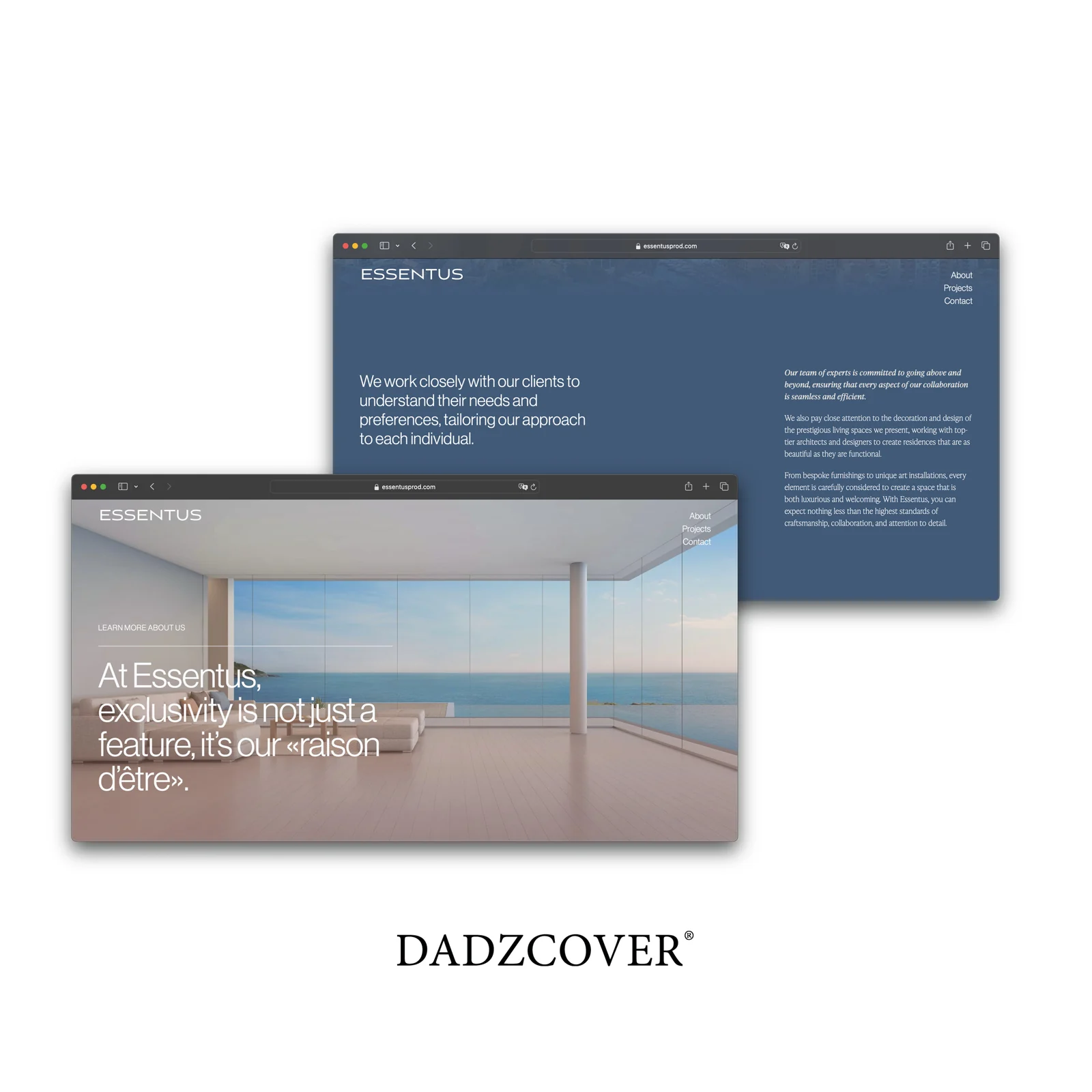Pages du site Essentus présentant des intérieurs face à la mer, une typographie sobre et un fond bleu gris.