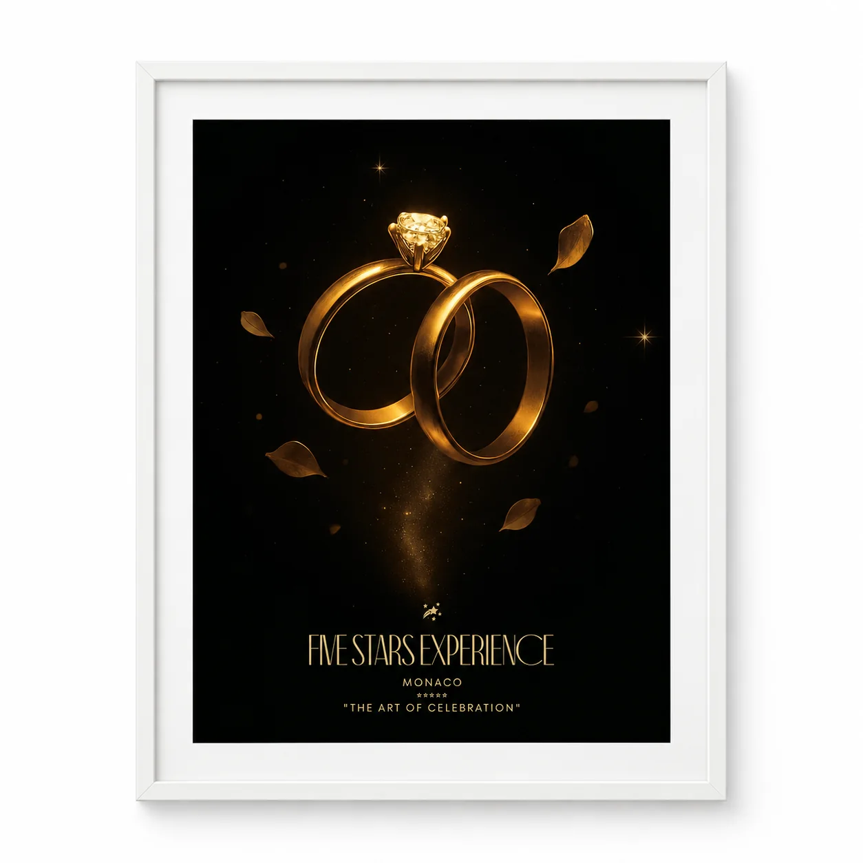 Visuel Five Stars Experience Monaco présentant deux alliances dorées sur fond sombre étoilé, sous cadre blanc vu de face.