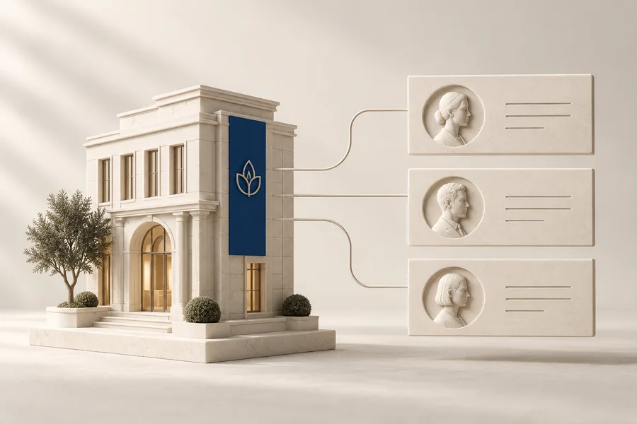 Bâtiment et fiches reliées illustrant une identité d’entreprise cohérente.