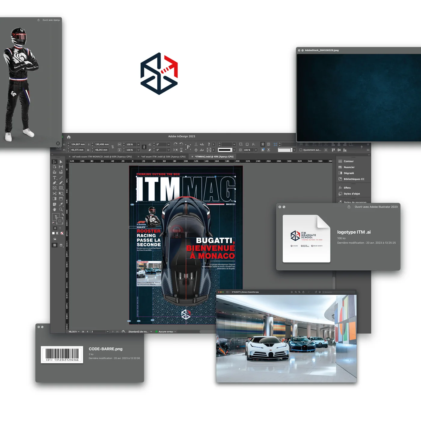 Couverture ITM MAG dans Adobe InDesign, entourée des visuels automobiles, du logo vectoriel et du code-barres.