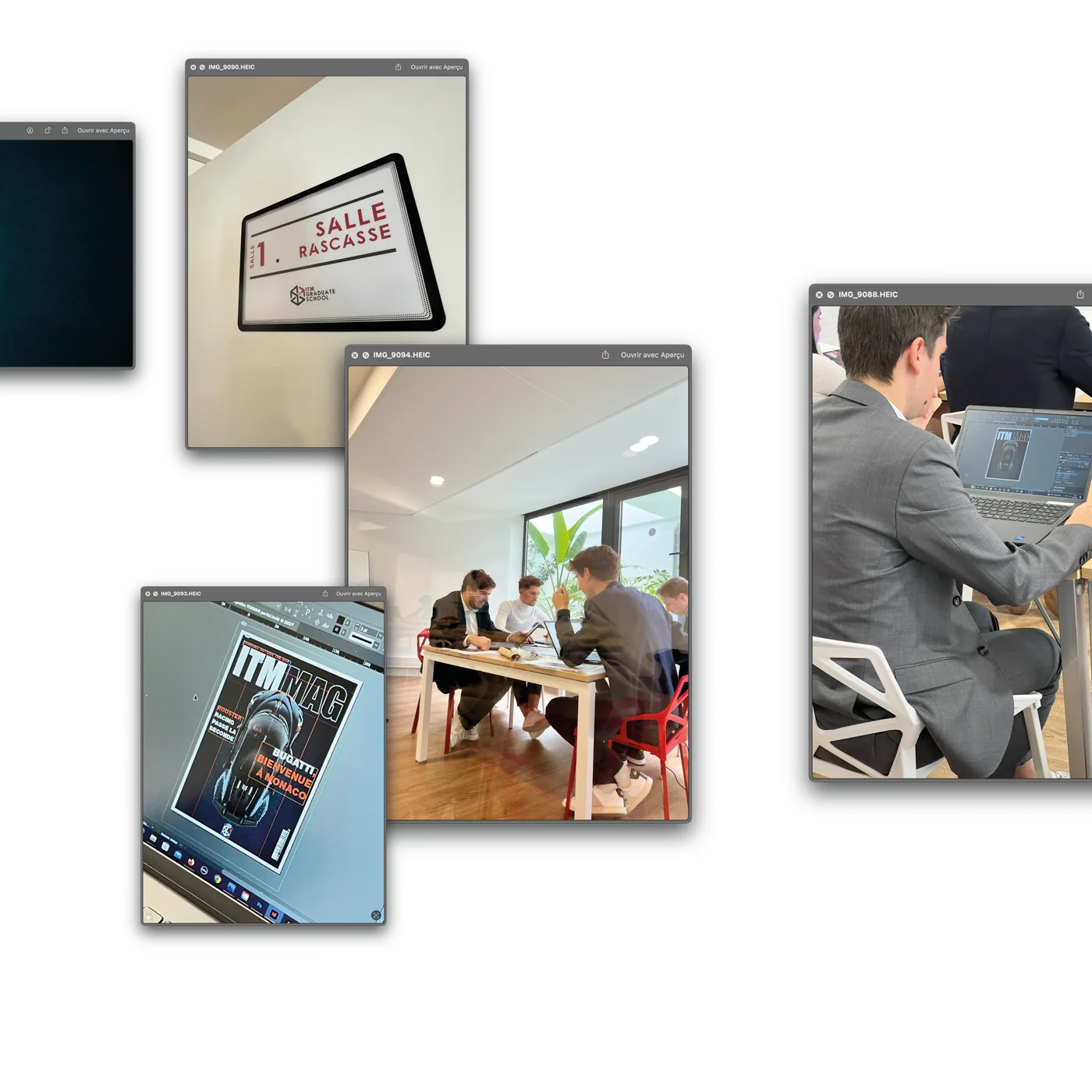 Photographies d’élèves travaillant sur la couverture ITM MAG pendant l’examen d’infographie à ITM School.