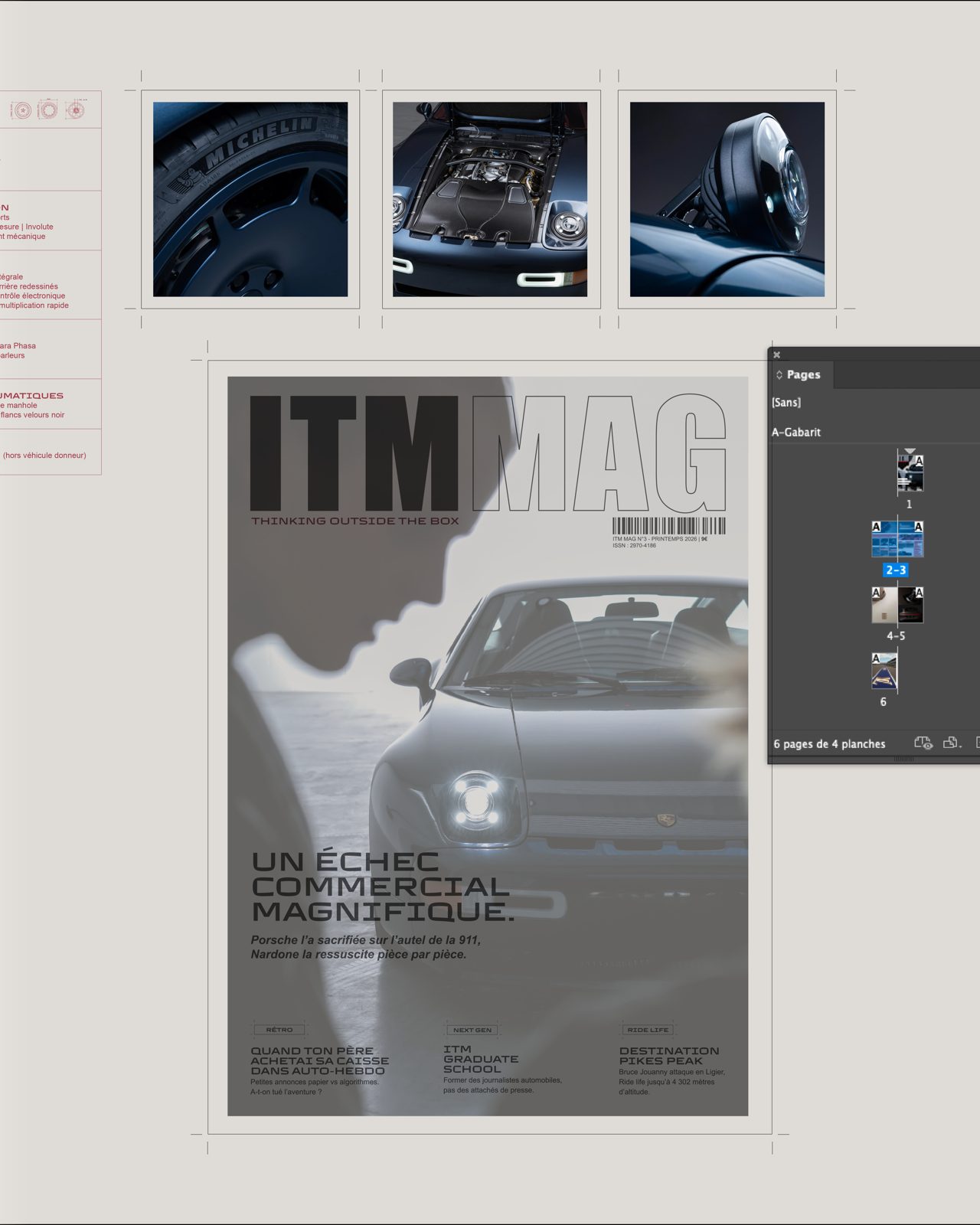Maquette ITM MAG dans InDesign avec couverture Nardone, photographies de détails et repères de mise en page.