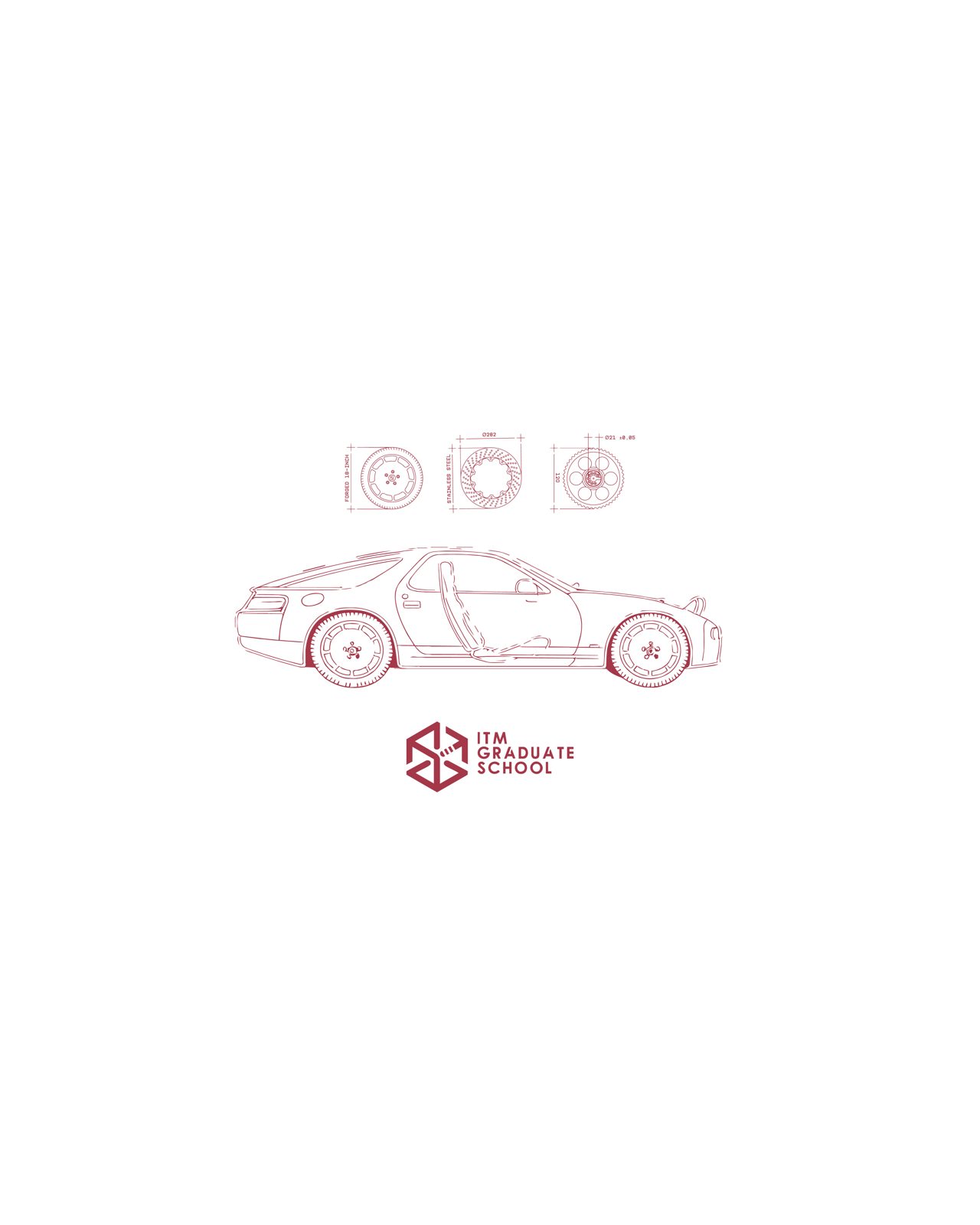 Dessin technique vectoriel du véhicule Nardone et de ses composants, accompagné du logo ITM Graduate School.
