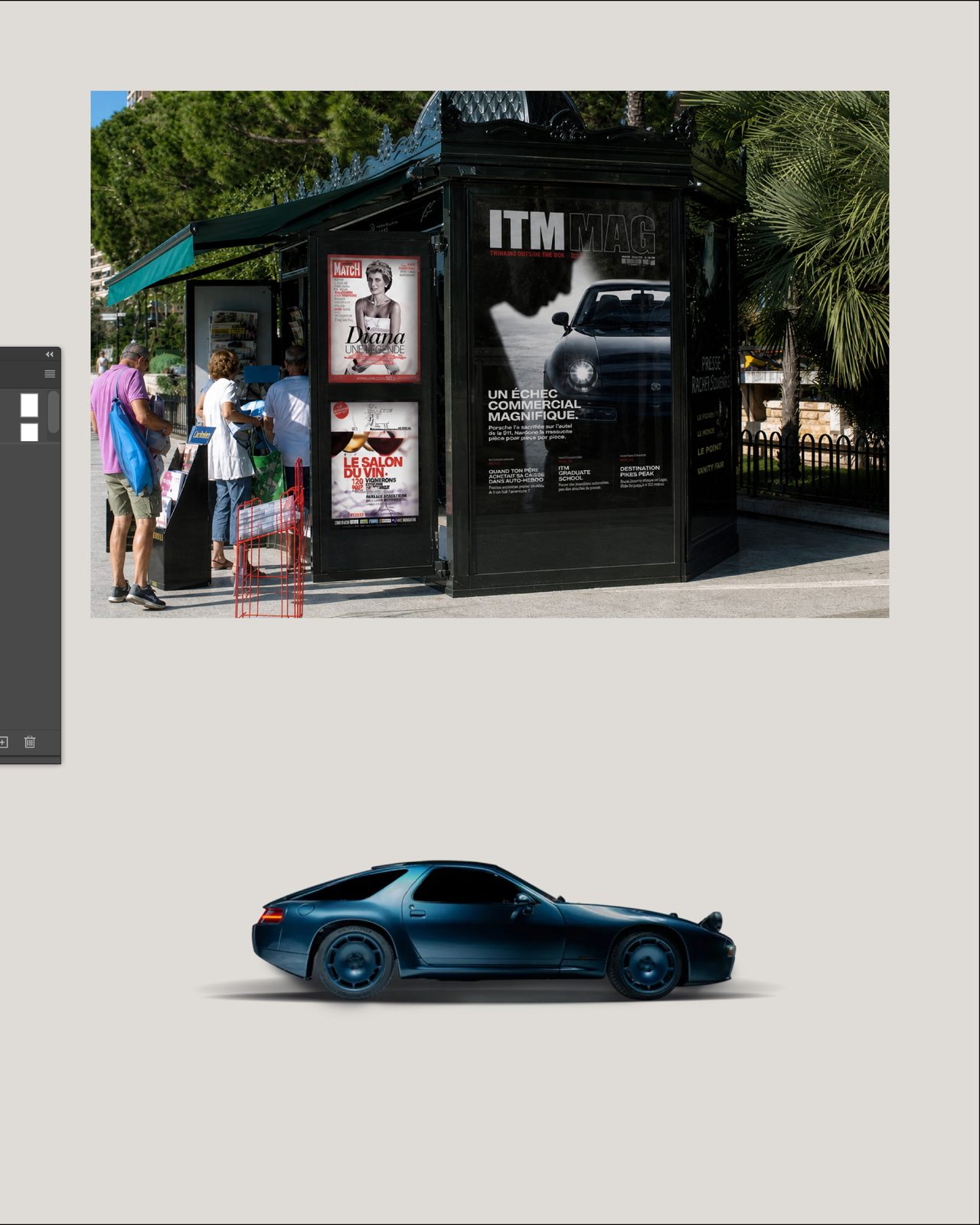 Mise en situation de la couverture ITM MAG sur un kiosque et vue de profil du véhicule Nardone.
