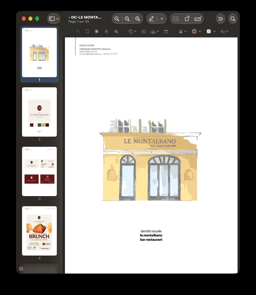 Illustration de la façade du restaurant Le Montalbano, présentée comme point de départ des recherches d’identité visuelle.