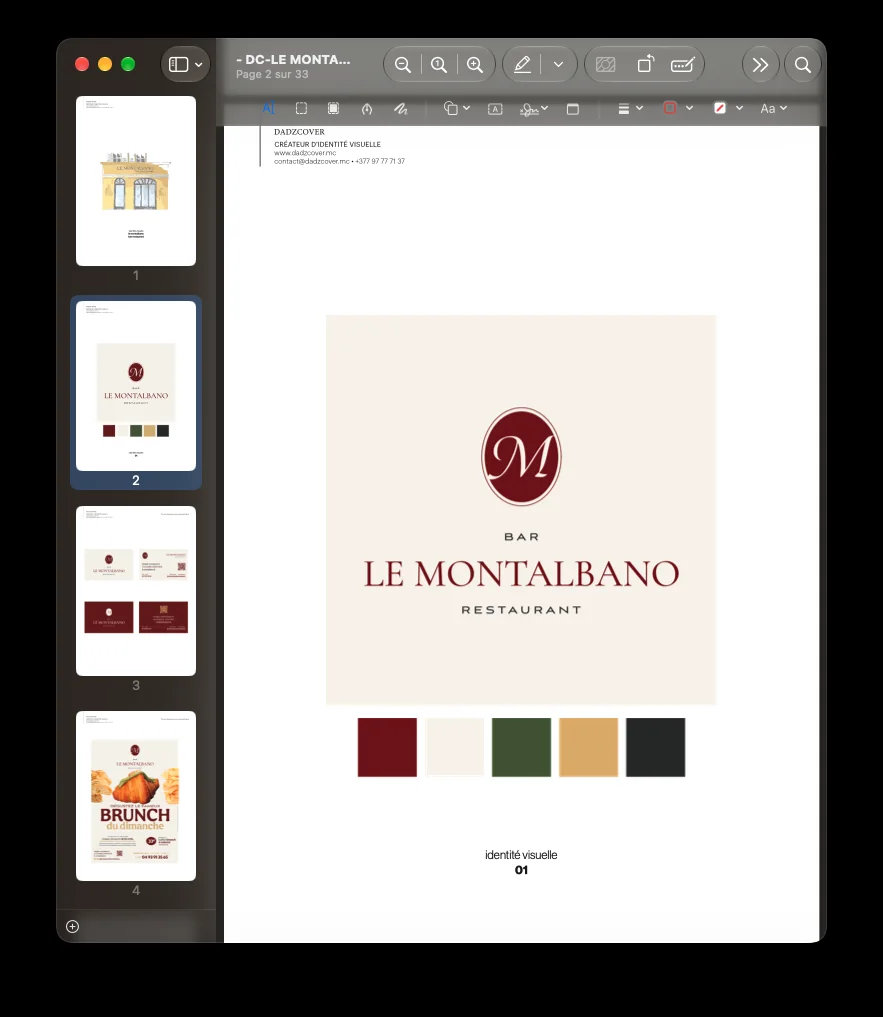 Recherche de logo Le Montalbano avec monogramme M dans un médaillon bordeaux et palette de couleurs.