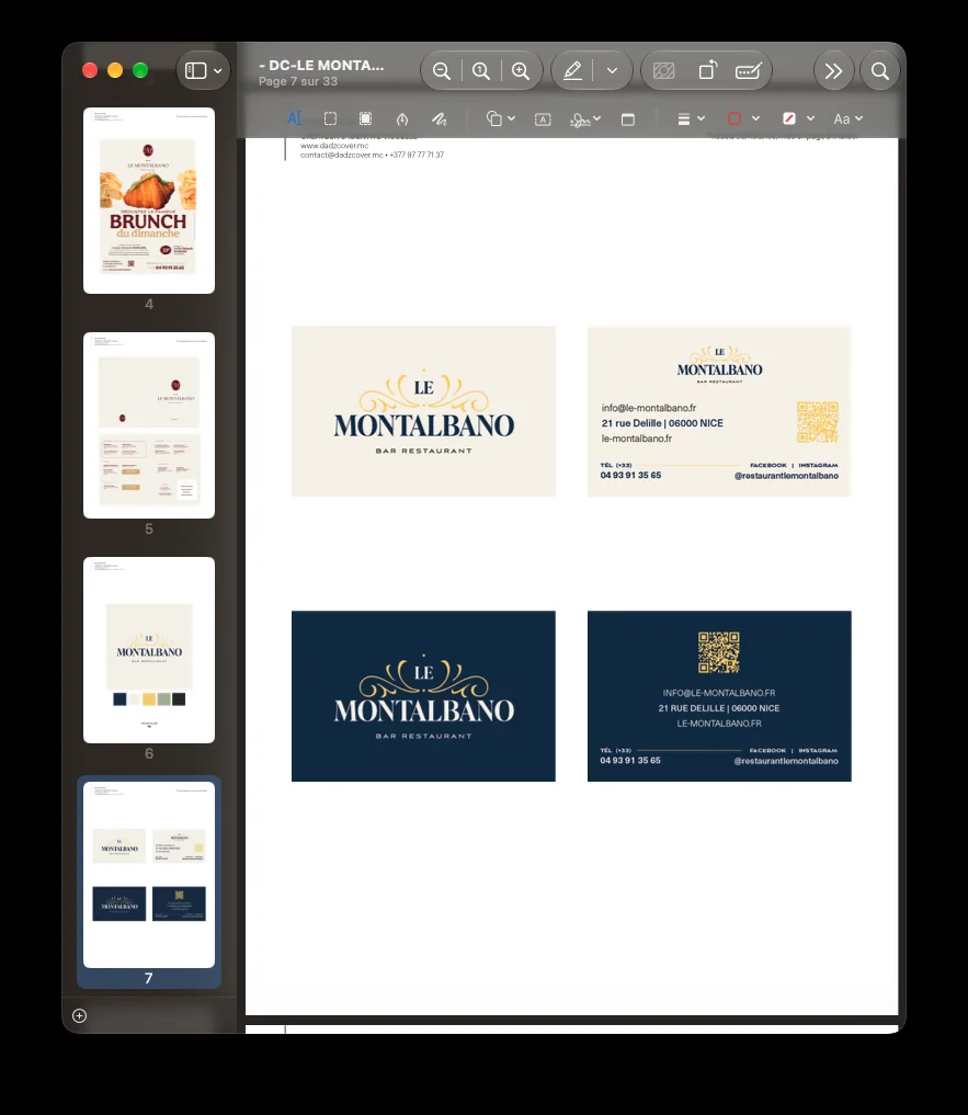 Proposition exploratoire de cartes de visite Le Montalbano, logo ornemental et déclinaisons bleu nuit et ivoire.