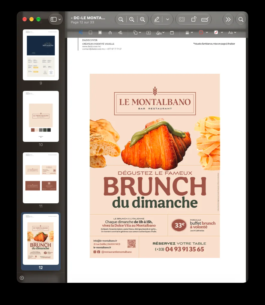 Maquette d’affiche brunch du Montalbano avec logo à l’épi et palette terre cuite, crème et vert.