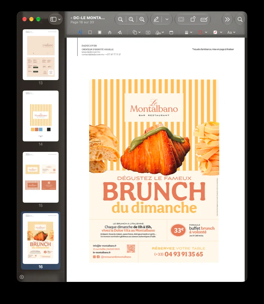 Proposition exploratoire d’affiche brunch pour Le Montalbano avec rayures jaunes et typographie orangée.