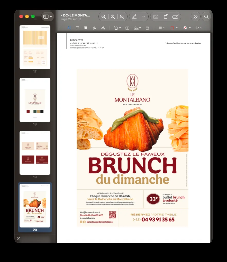 Variante exploratoire de l’affiche brunch Le Montalbano avec monogramme et couleurs bordeaux et or.