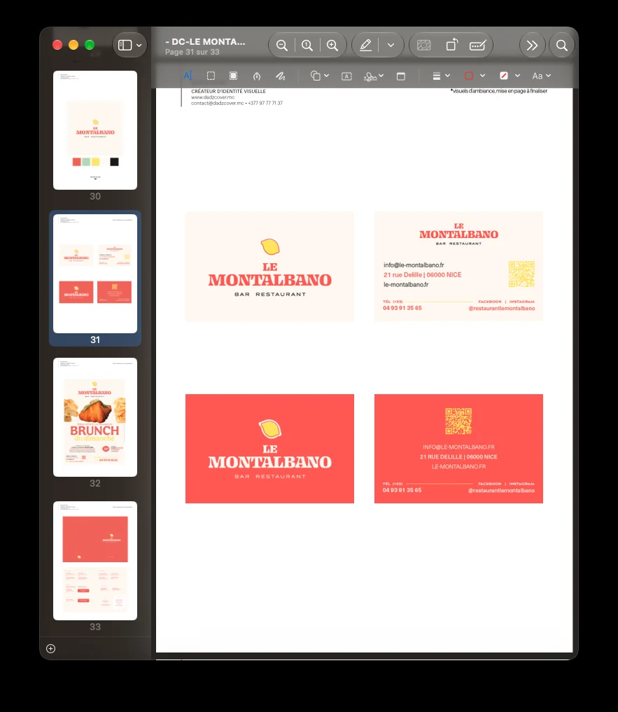 Proposition de cartes de visite Le Montalbano aux couleurs corail et crème, avec symbole de citron.
