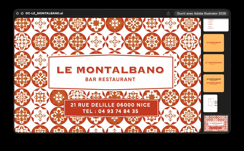 Recherche graphique Le Montalbano : motif de carreaux ornementaux orangés et composition du nom du restaurant.