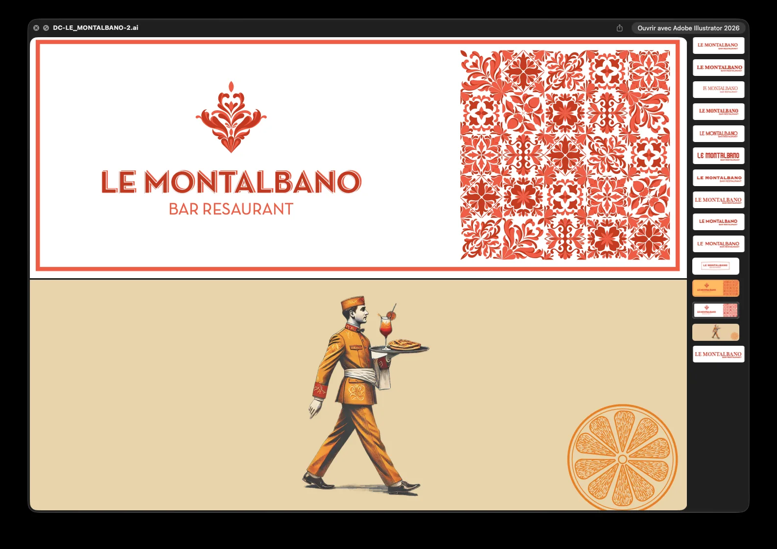 Exploration de logo et motifs décoratifs Le Montalbano, avec illustration d’un serveur et d’une tranche d’orange.
