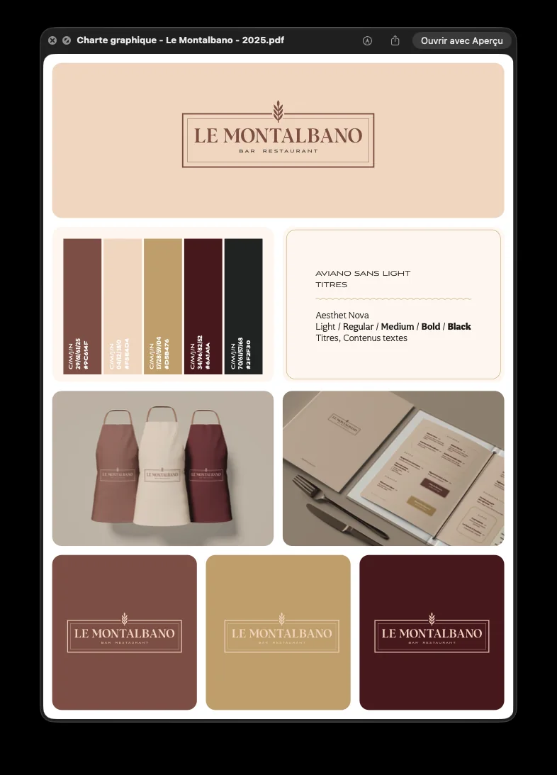 Charte graphique finale Le Montalbano : logo à l’épi, palette, typographies et mises en situation sur tabliers et menus.